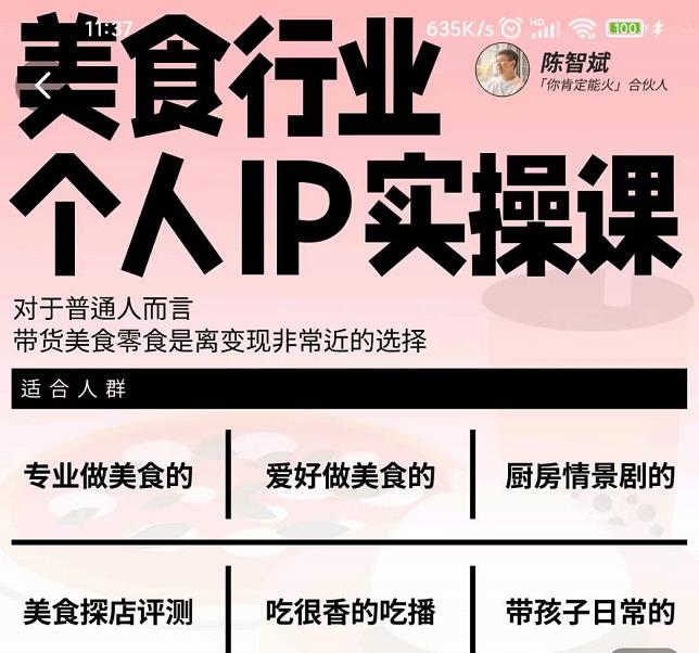 美食行业个人IP实操课，对于普通人而言，带货美食零食是离变现非常近的选择-逐风项目库