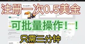 国外项目注册一次0.5美金，只需三分钟无脑操作，可批量同时放大操作，小白工作室福利【揭秘】-逐风项目库