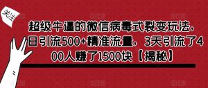 超级牛逼的微信病毒式裂变玩法，日引流500+精准流量，3天引流了400人赚了1500块【揭秘】-逐风项目库