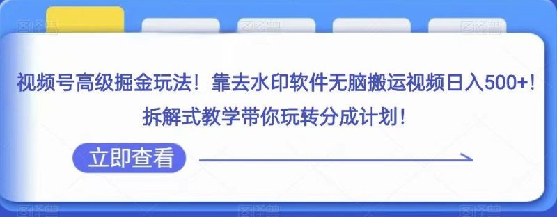 视频号高级掘金玩法，靠去水印软件无脑搬运视频日入500+，拆解式教学带你玩转分成计划【揭秘】-逐风项目库