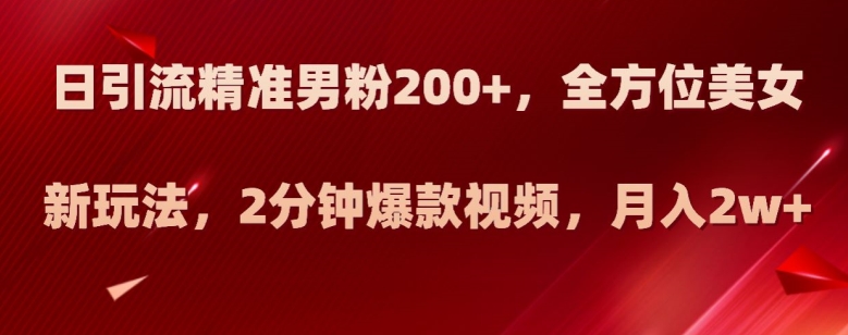 日引流精准男粉200+，全方位美女新玩法，2分钟爆款视频，月入2w+【揭秘】-逐风项目库