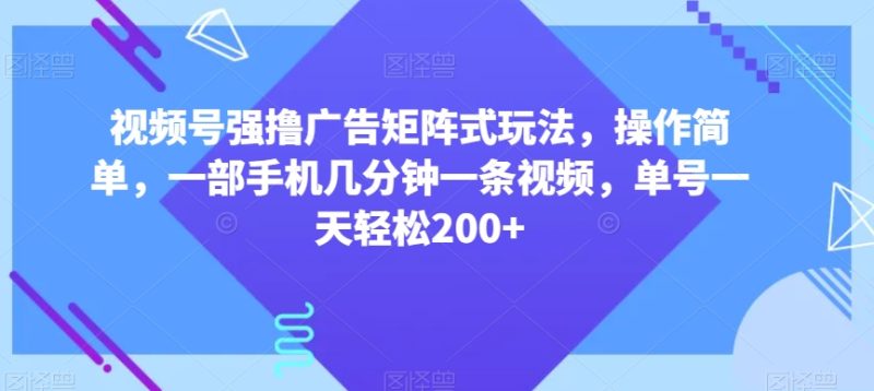 视频号强撸广告矩阵式玩法，操作简单，一部手机几分钟一条视频，单号一天轻松200+【揭秘】-逐风项目库