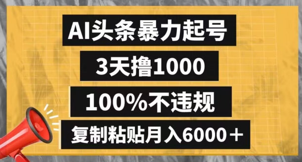 AI头条暴力起号，3天撸1000,100%不违规，复制粘贴月入6000＋【揭秘】-逐风项目库